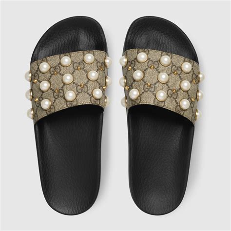 gucci sliders womens pearl|Gucci pearl slides size 9.